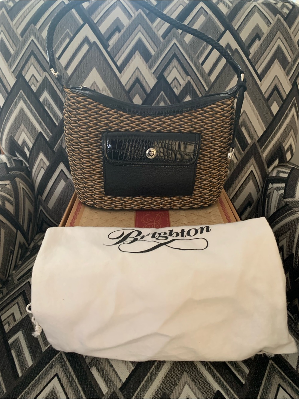 Brighton Edna Brown Woven Shoulder Bag with Black Trim